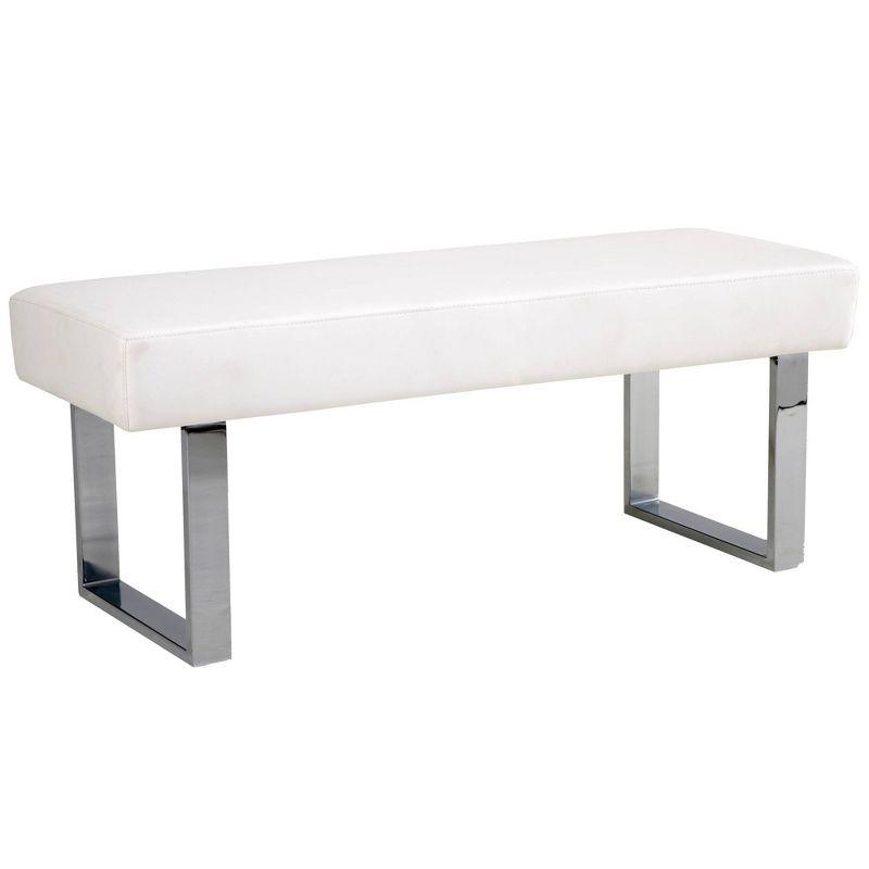 Modern White 48" Faux Leather Bench with Chrome Metal Frame
