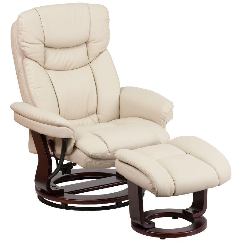 Beige Faux Leather Swivel Recliner with Mahogany Wood Base and Ottoman