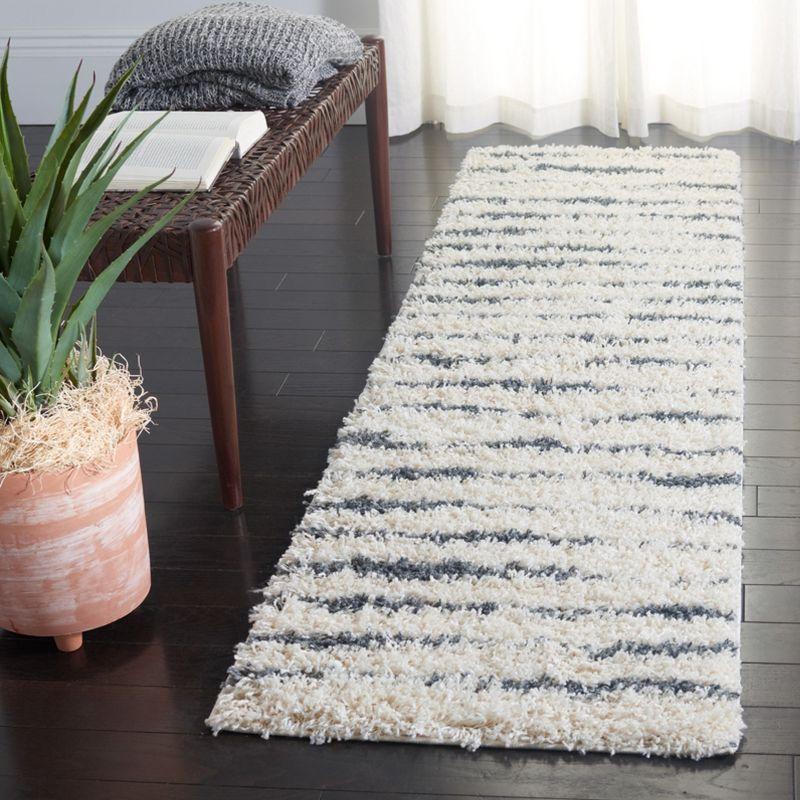 Plush Ivory/Dark Grey Hand-knotted Shag Rug - Synthetic Easy Care