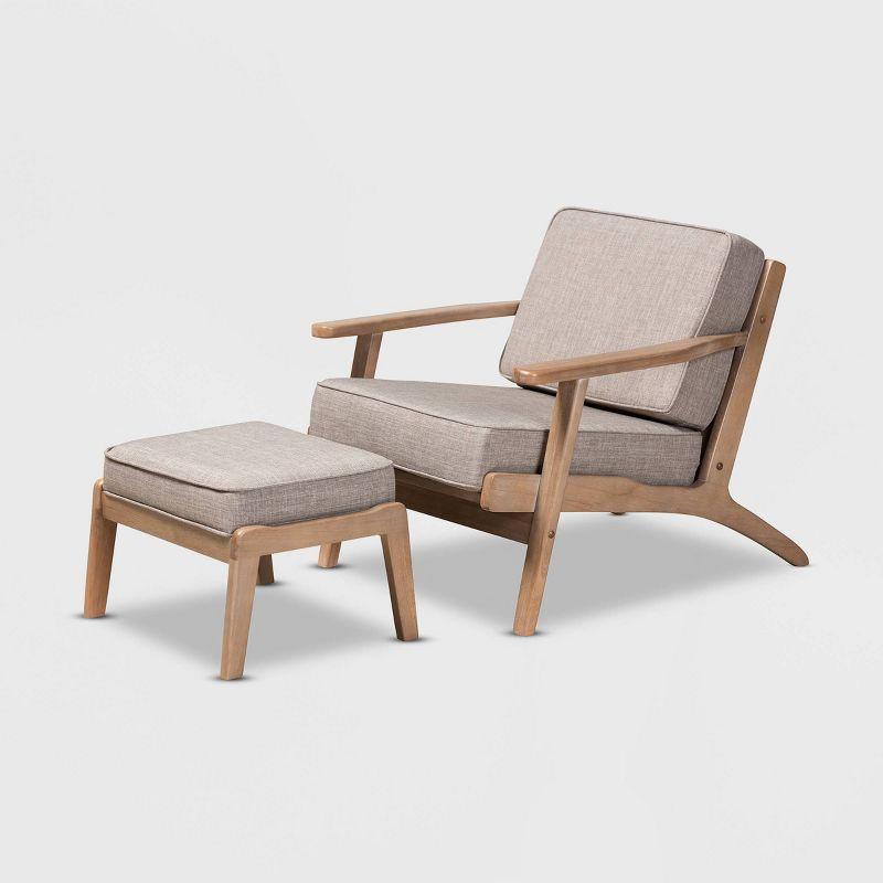 George Oliver Emsworth Mid-Century Modern 2-Piece Antique Oak Finished Armchair and Ottoman Set in Light Grey Fabric