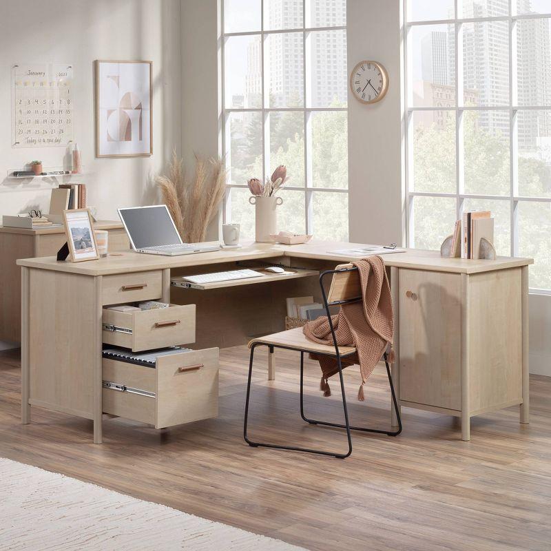 Natural Maple L-Shaped Computer Desk with Drawers and Keyboard Tray