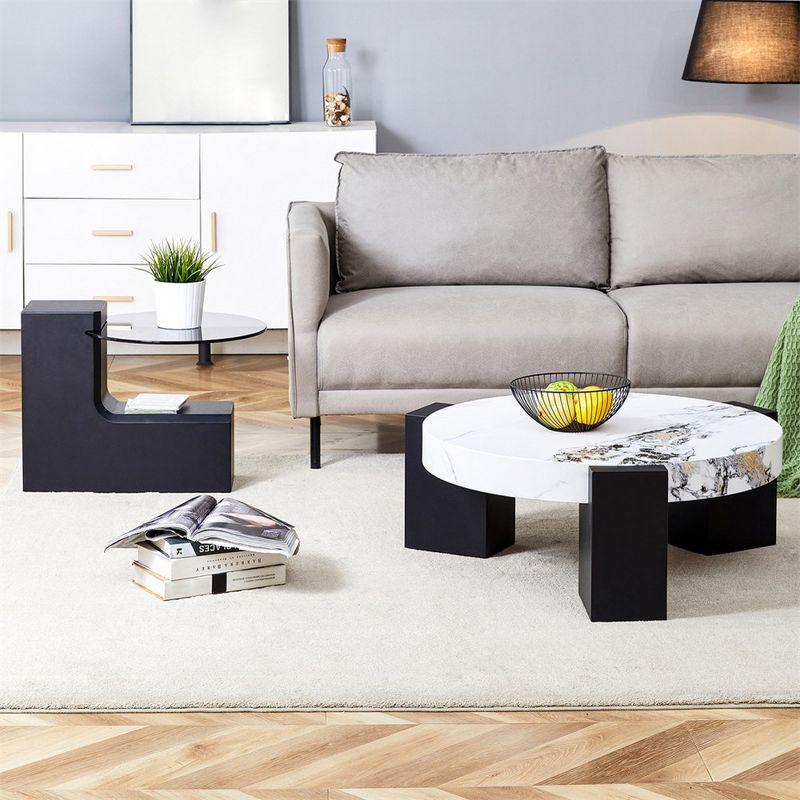 Modern White and Black MDF Coffee Table Set with Glass Top