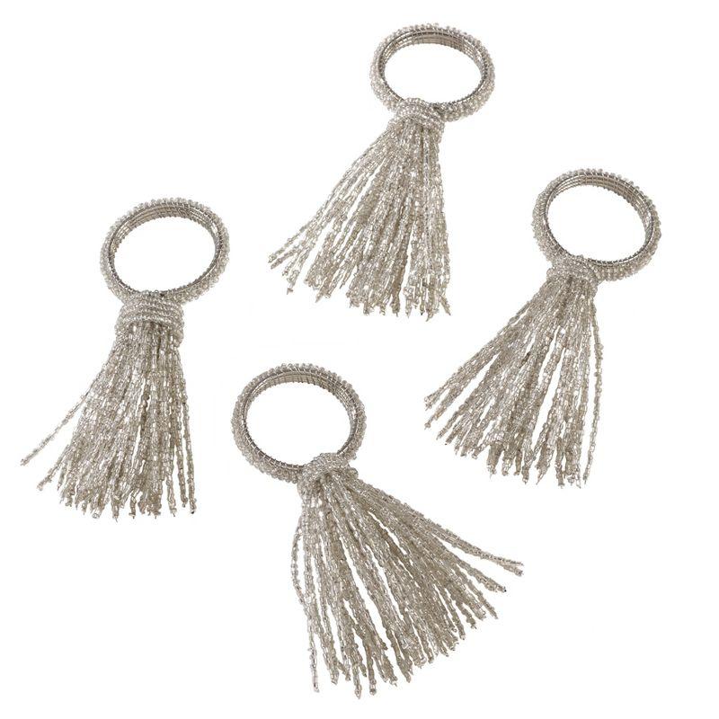 Saro Lifestyle Beaded Spray Design Wedding Special Event Napkin Ring (Set of 4), Silver