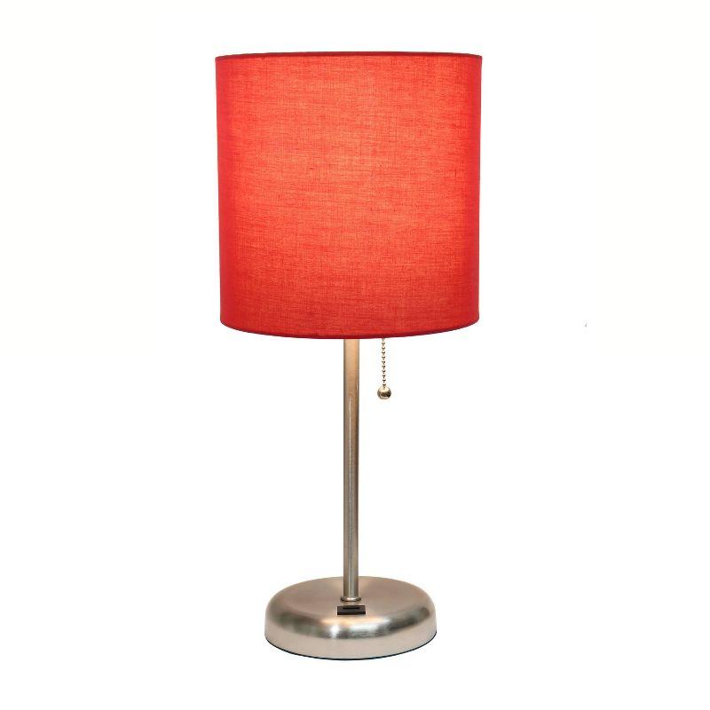 Creekwood Home 19.5" Bedside USB Port Feature Metal Table Desk Lamp Brushed Steel with Red Fabric Shade