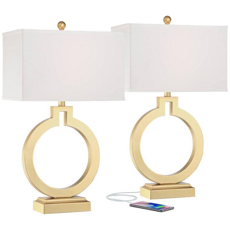 Gold Open Ring Table Lamps with USB Ports and White Shades, Set of 2