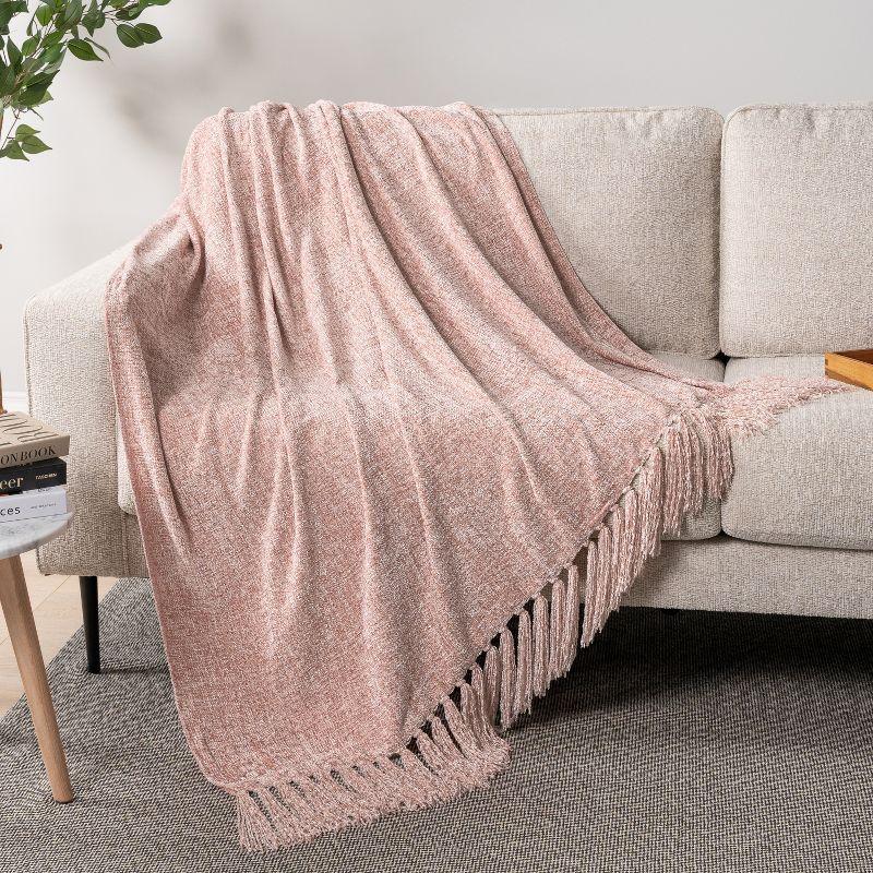 Blush Pink Chenille Knitted Reversible Throw Blanket with Tassel Fringe