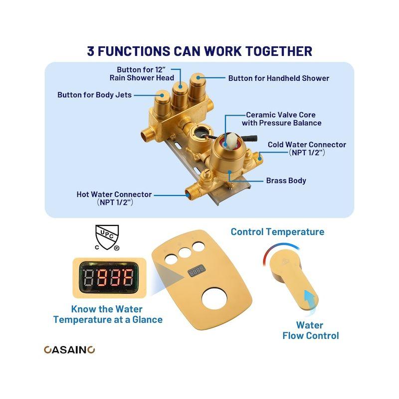3-Function 12 Inch Temperature Digital Display Shower System With 2-Setting Slider Bar Handheld And 4Pcs Body Jets