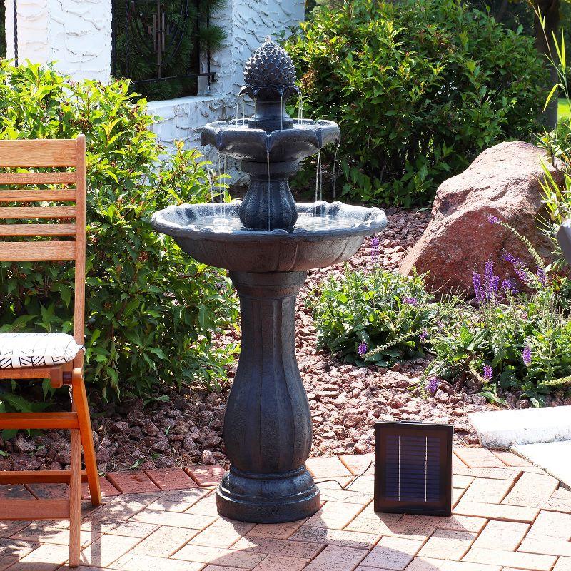 Sunnydaze Outdoor 2-Tier Solar Powered Pineapple Top Water Fountain with Battery Backup and Submersible Pump - 46" - Black