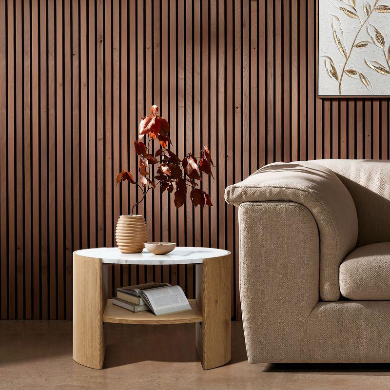 LuxenHome Natural Finish Manufactured Wood 23.6-Inch Round Coffee Table with Faux Marble Top Brown