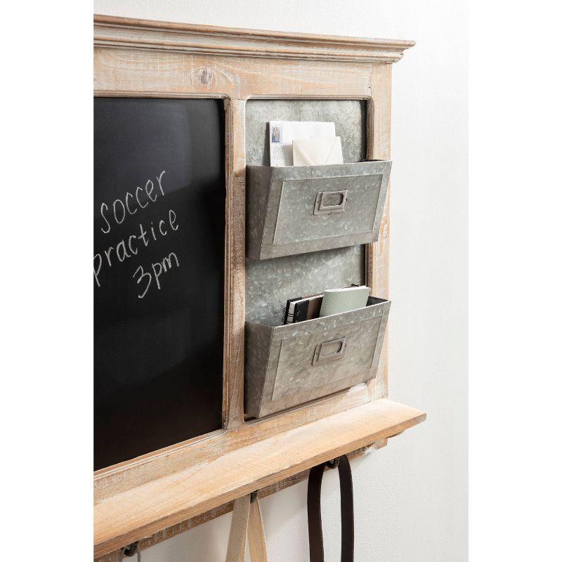 Distressed White Wood Wall Organizer with Chalkboard and Hooks