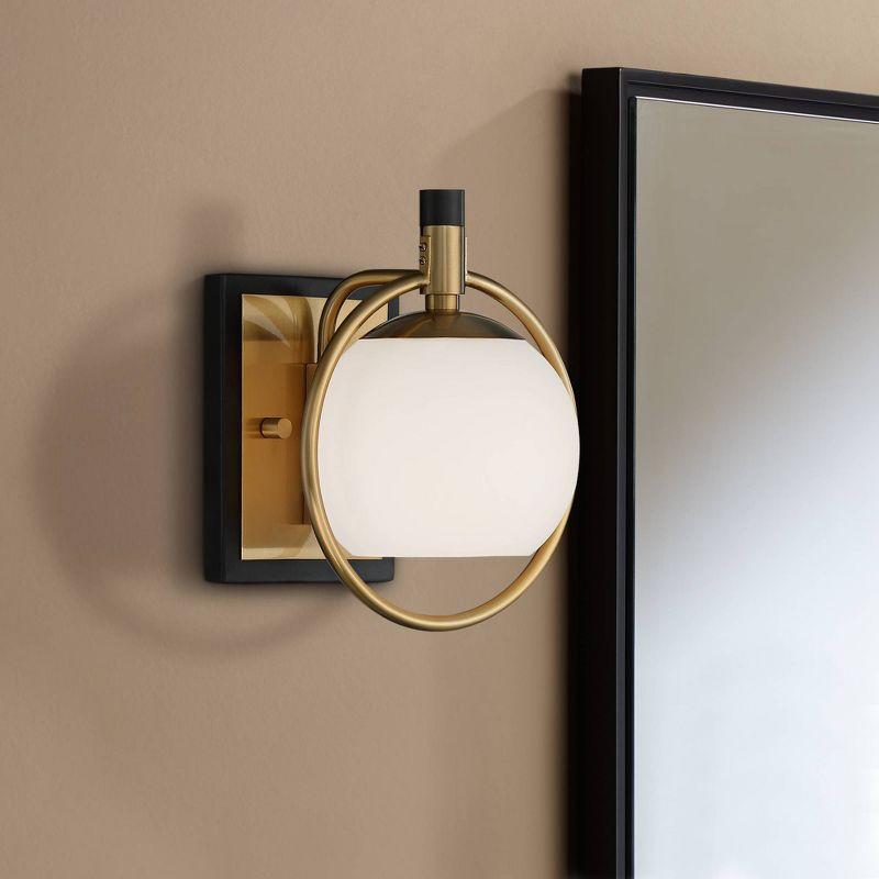 Possini Euro Design Carlyn Modern Wall Light Sconce Warm Brass Black Hardwire 8" Fixture Milky White Globe Glass for Bedroom Bathroom Vanity Reading