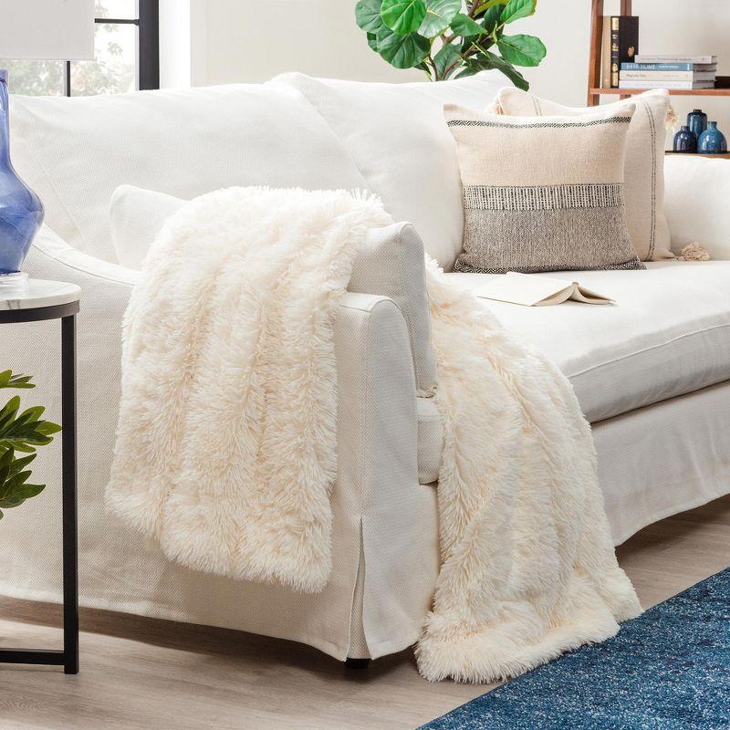 Ivory White Reversible Faux Fur and Sherpa Throw Blanket