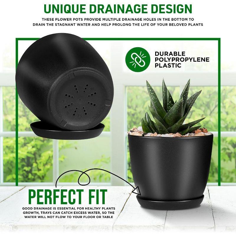 Lifemaster Plant Pots with Drainage - Sturdy Plastic, Stackable Design for Indoor and Outdoor Gardening - Pack of 5