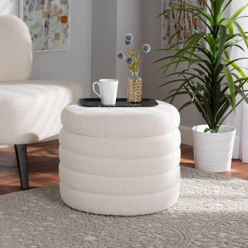 Tabitha Boucle Upholstered Storage Ottoman Ivory - Baxton Studio: Contemporary Round, No Assembly Required