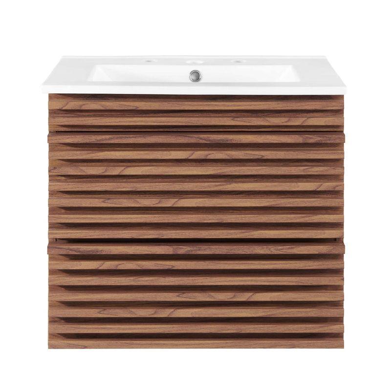 Modway Render 24" Wall-Mount Bathroom Vanity – Mid-Century Modern Floating Sink Cabinet in Walnut and White Finish