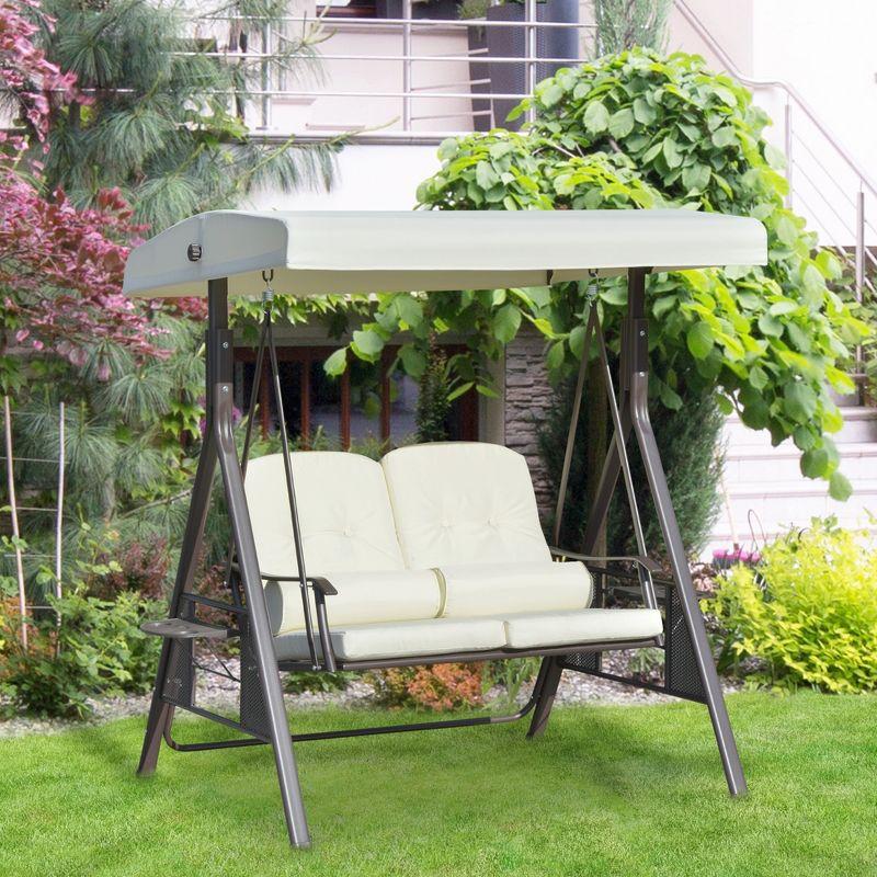 Beige 2-Person Adjustable Canopy Patio Swing with Cushions and Tray