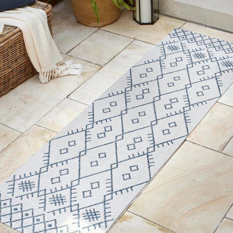 2'x10' Boho Moroccan Indoor/Outdoor Runner Rug, Ivory/Navy - JONATHAN Y