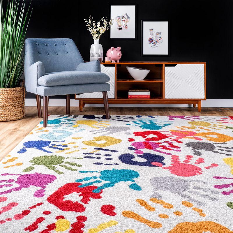 Multicolor Handprint Round Synthetic Kids Rug