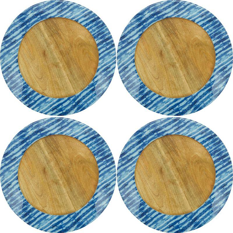 Blue Stripe Rim Mango Wood Table Chargers, Set of 4