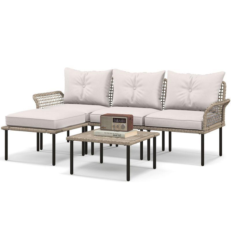 Outsunny 5 Pieces Patio Furniture Set with Cushions, Sofa, Chaise Lounge, Stool, Coffee Table