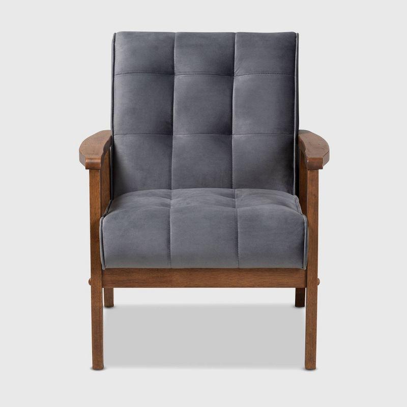 Mid-Century Modern Gray Velvet Accent Chair with Walnut Wood Frame