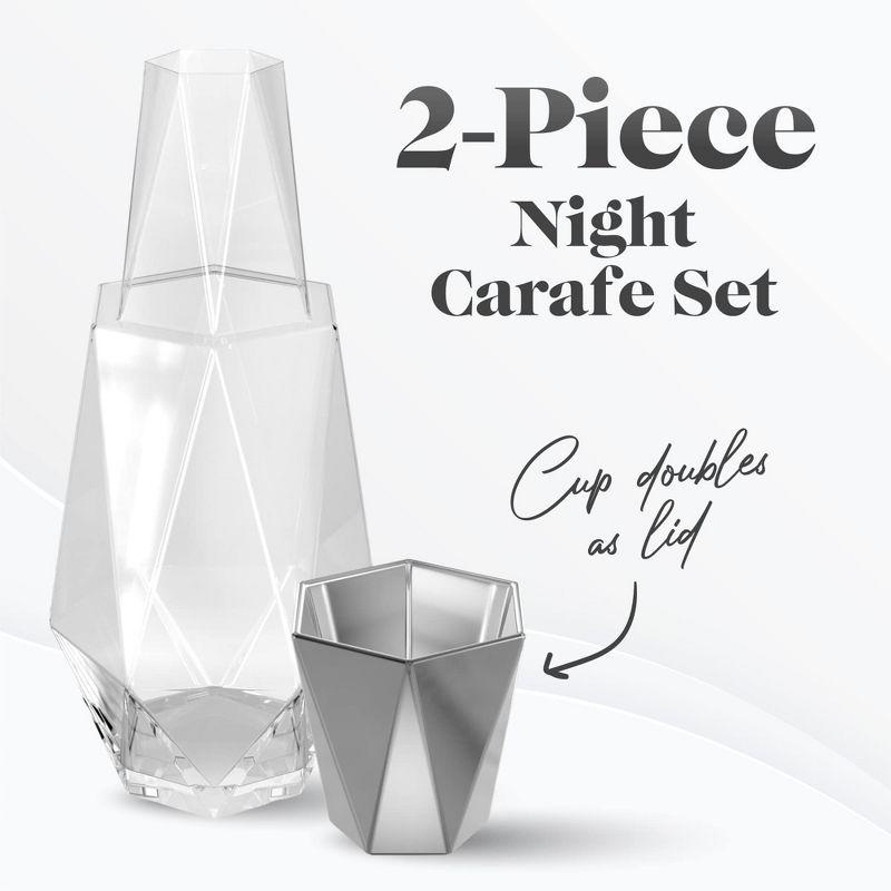 Fifth Avenue Crystal Geometric Bedside Night Water Carafe and Tumbler Lid, 2-Piece,Silver
