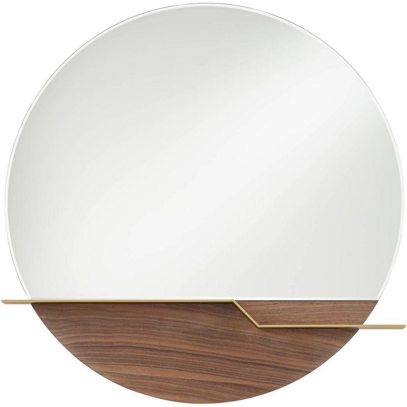 Possini Euro Design Loft Round Vanity Wall Mirror with Gold Shelf Modern Beveled Glass Brown Wood Frame 31 1/2" Wide for Bathroom