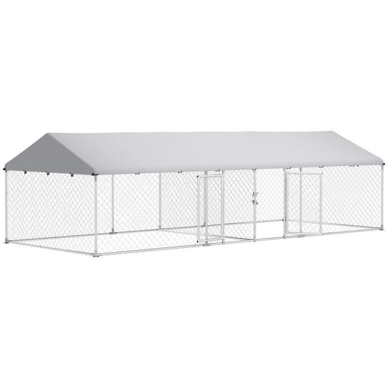 Pawhut Two Room Outdoor Dog Kennel with Roof, 19.7' x 7.5' x 5.2' Dog Kennel Outside Heavy Duty Pet Enclosure Run Fence with Waterproof UV-Resistant Cover, Secure Lock, for Small to Large Breeds
