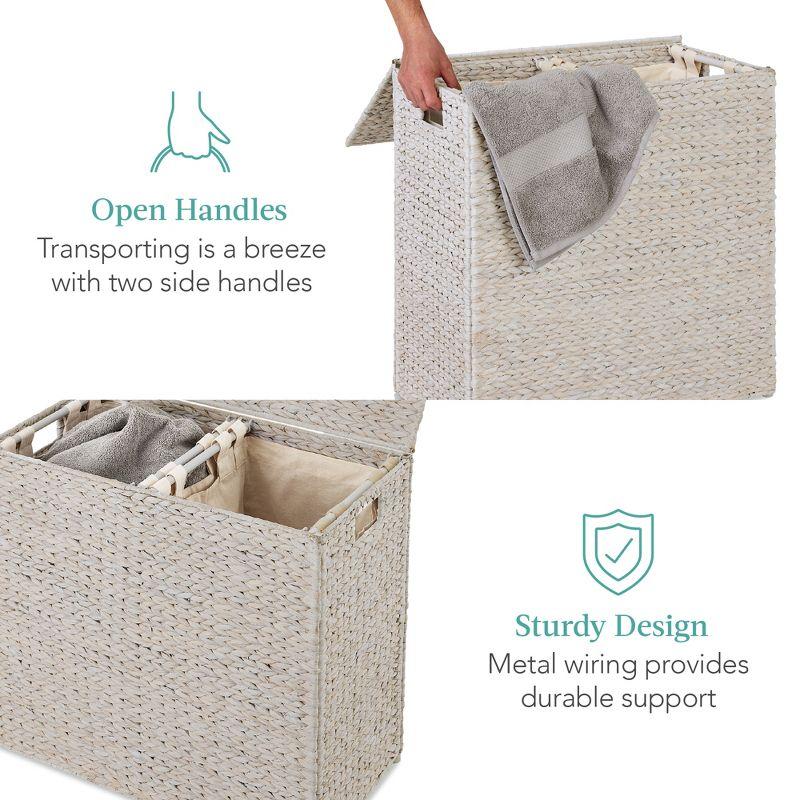 Best Choice Products Large Natural Water Hyacinth Double Laundry Hamper Basket w/ 2 Liner Bags, Handles - White