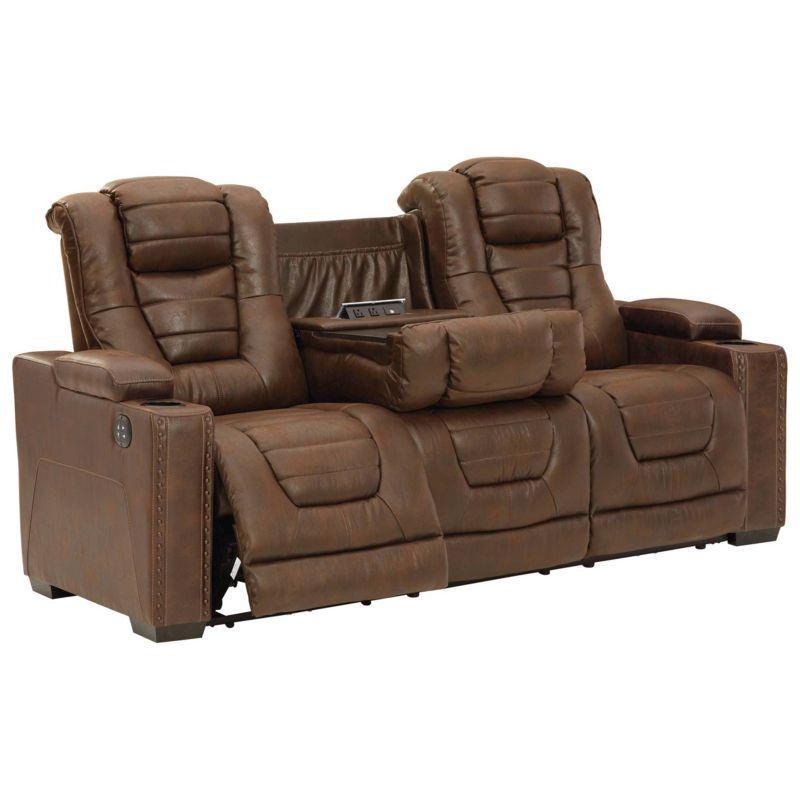 Brown Tufted Faux Leather Reclining Sofa with Storage and Cup Holder