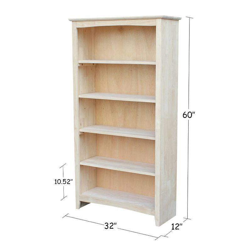 60" Shaker Bookshelf Unfinished - International Concepts: Solid Parawood, 5-Shelf Storage