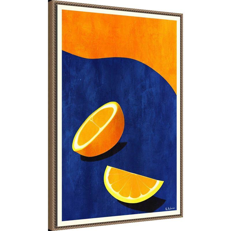 Large Orange and Blue Abstract Citrus Canvas Art with Beaded Frame