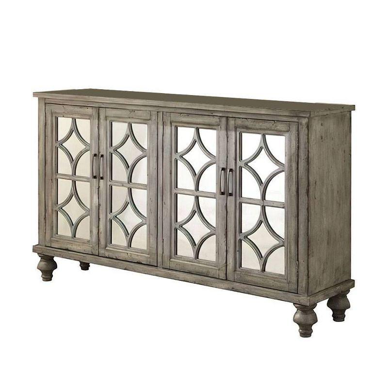 Velika Weathered Gray Wooden Console Table with Mirrored Doors