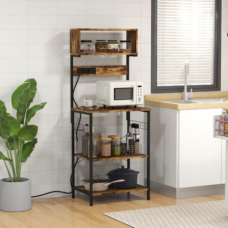 Rustic Brown Adjustable Kitchen Baker's Rack with Power Outlet