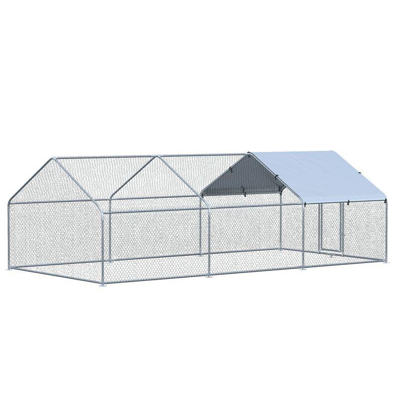 PawHut Galvanized Large Metal Chicken Coop Cage, 3 Room Walk-in Enclosure, Poultry Hen House with UV & Water Resistant Cover, 10' x 19.7' x 6.4'