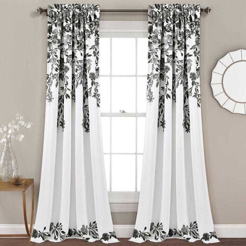 Black and White Floral Polyester Blackout Curtain Panels