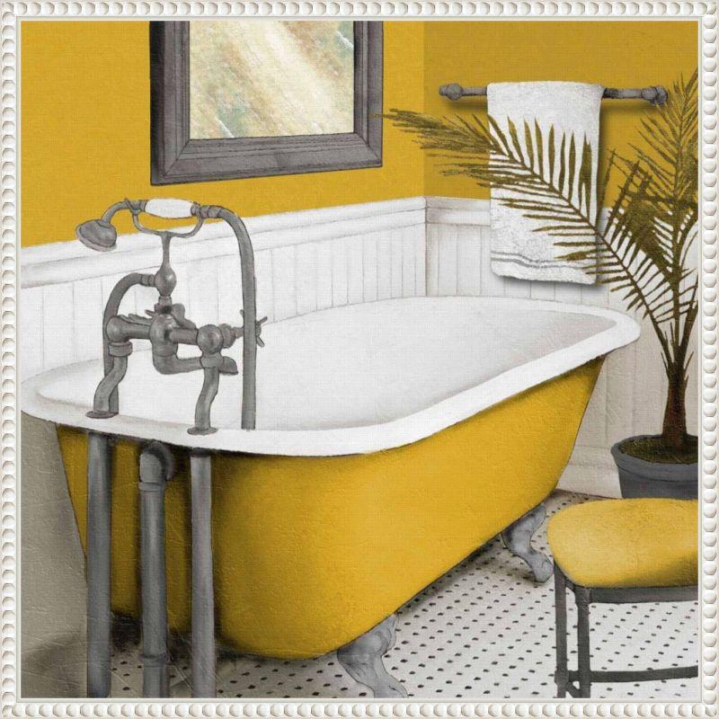 Sunny Bath I Yellow and White Canvas Wall Art with Beaded Frame