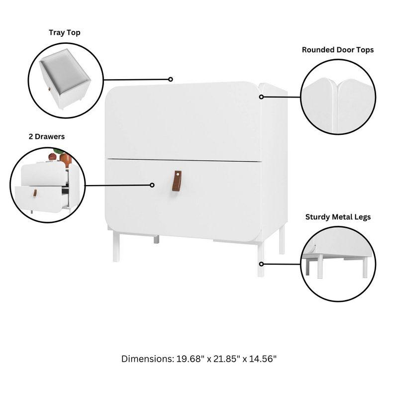 Manhattan Comfort Set of 2 Bogardus Mid Century Modern Nightstands White: Rounded Drawer, Leather Pull, Particle Board