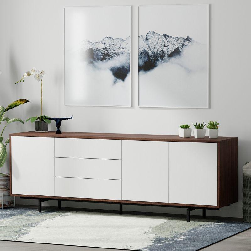 Glenwillow Home Atlas 78" x 28" Highboy Modern TV Stand Cabinet And Sideboard - Walnut Frame, White Door/Drawers, Black Base