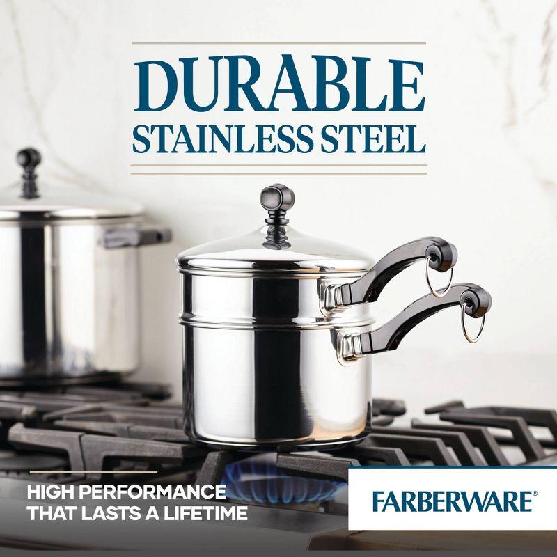 Farberware Classic Series 2qt Stainless Steel Double Boiler and Saucepan with Lid Silver: Dishwasher-Safe Cookware