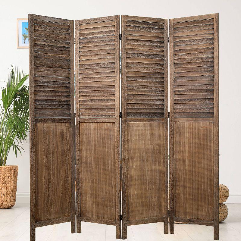 Rancho Shutter 4 Panel Room Divider with Folding Screen Room Partition Paulownia Wood Brown - Proman Products: Wall Separator, No Assembly Required