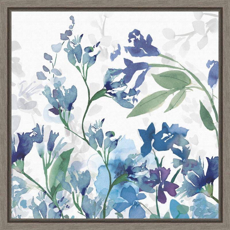 Gray Framed Blue Floral Canvas Wall Art Print 16x16