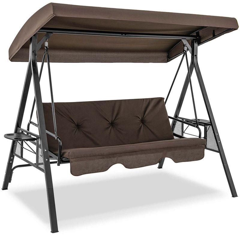 Costway 3-Seat Patio Porch Swing with Adjustable Canopy Soft Seat Back Cushions Side Tables Brown