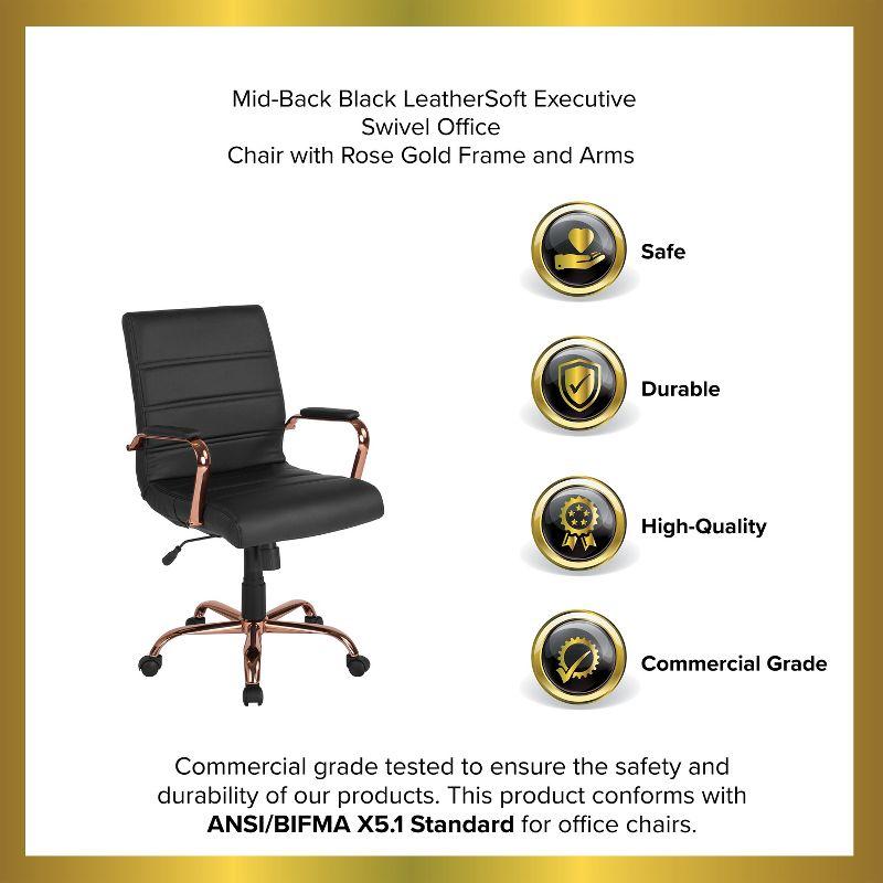 Emma and Oliver Mid-Back Black LeatherSoft Executive Swivel Office Chair - Rose Gold Frame/Arms