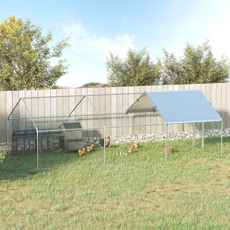 PawHut Galvanized Large Metal Chicken Coop Cage, 3 Room Walk-in Enclosure, Poultry Hen House with UV & Water Resistant Cover, 10' x 19.7' x 6.4'