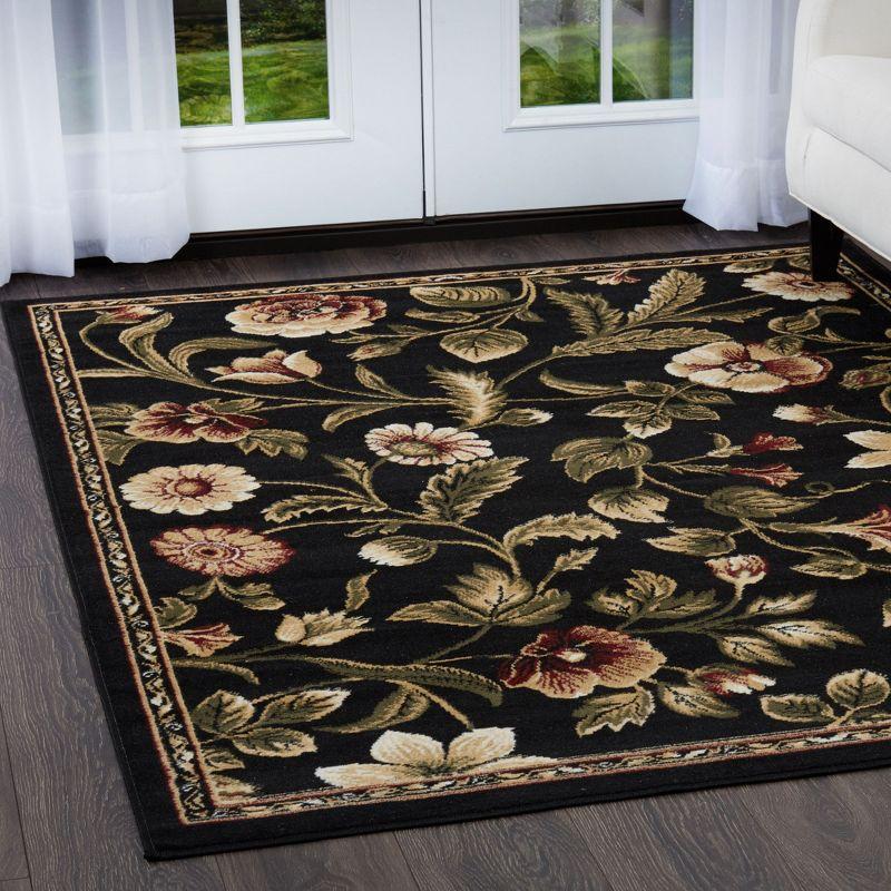 Black Floral Reversible Washable Synthetic Area Rug, 7'8" x 10'4"