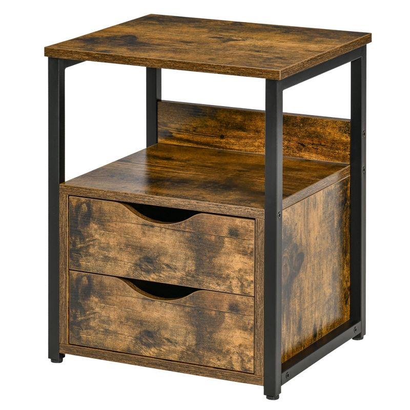 Rustic Brown Wood and Black Steel Side Table with Storage Drawers