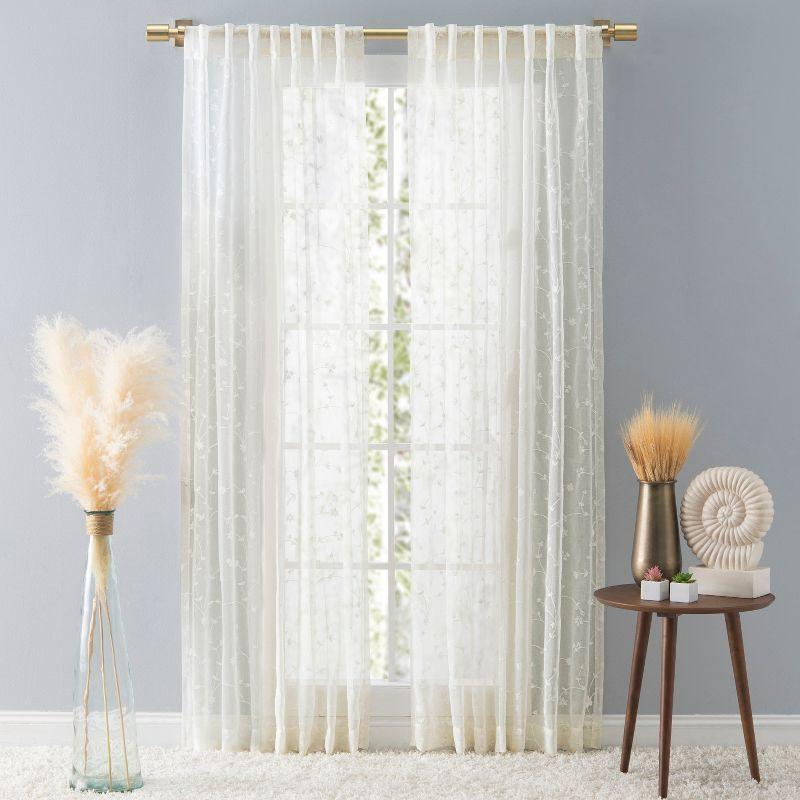 Ivory Embroidered Bloom Motif Room-Darkening Drape Panel