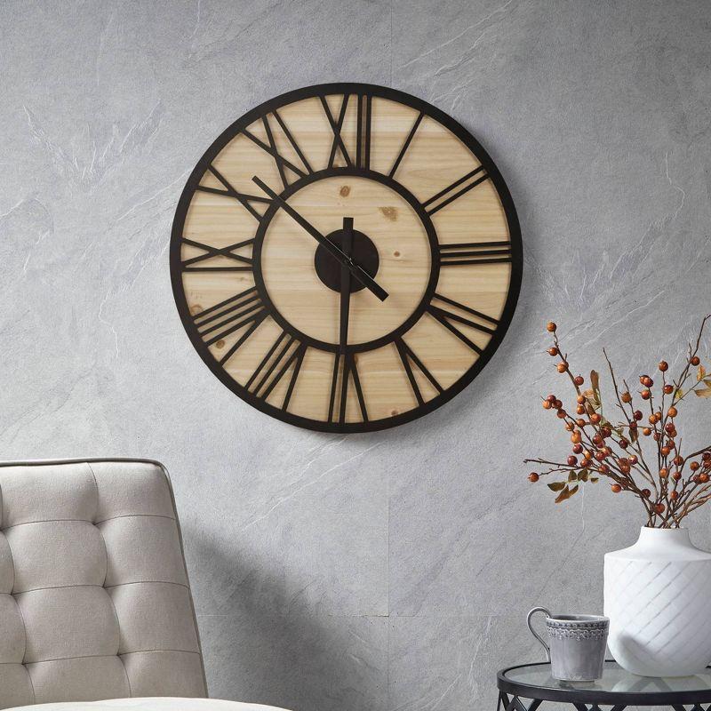 Mason 23.6" Natural Wood and Black Metal Wall Clock