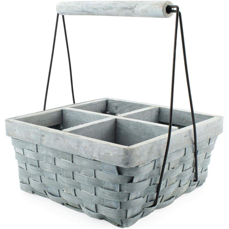 Gray Washed Wood 4-Compartment Basket Caddy with Handle